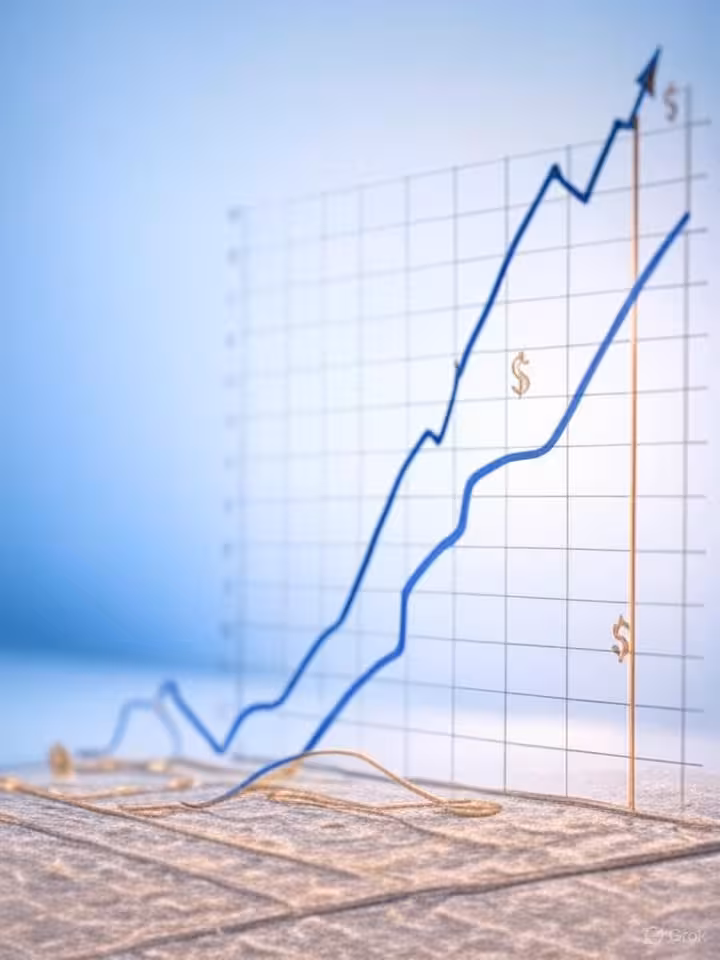 Professional financial graph showing upward market growth trajectory with dollar signs and percentag