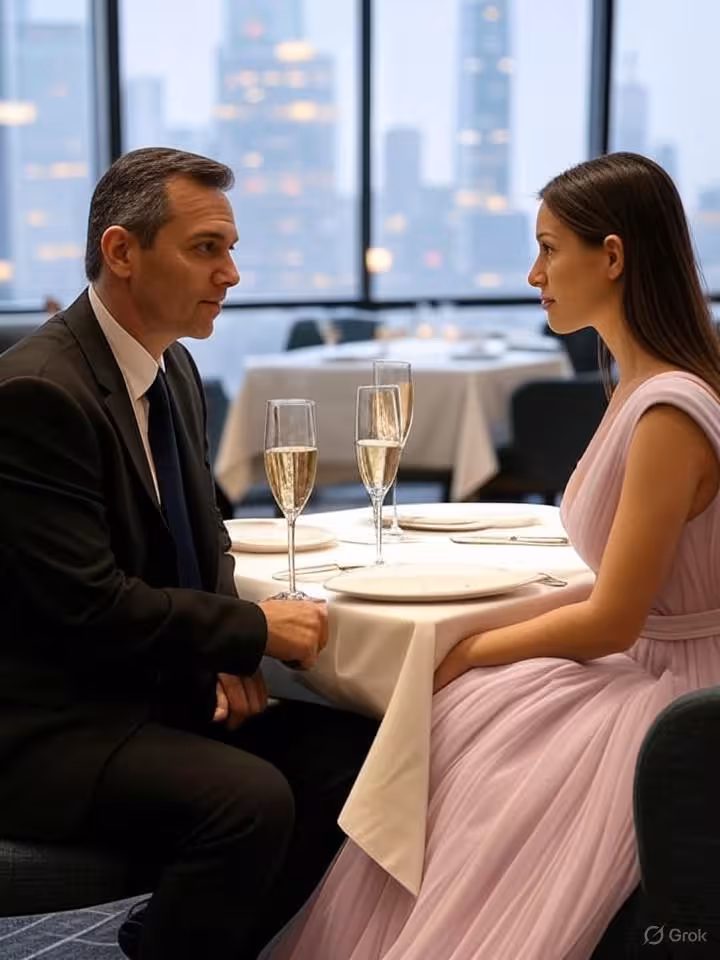 Modern upscale urban restaurant interior with soft lighting, business professional man in his 50s in