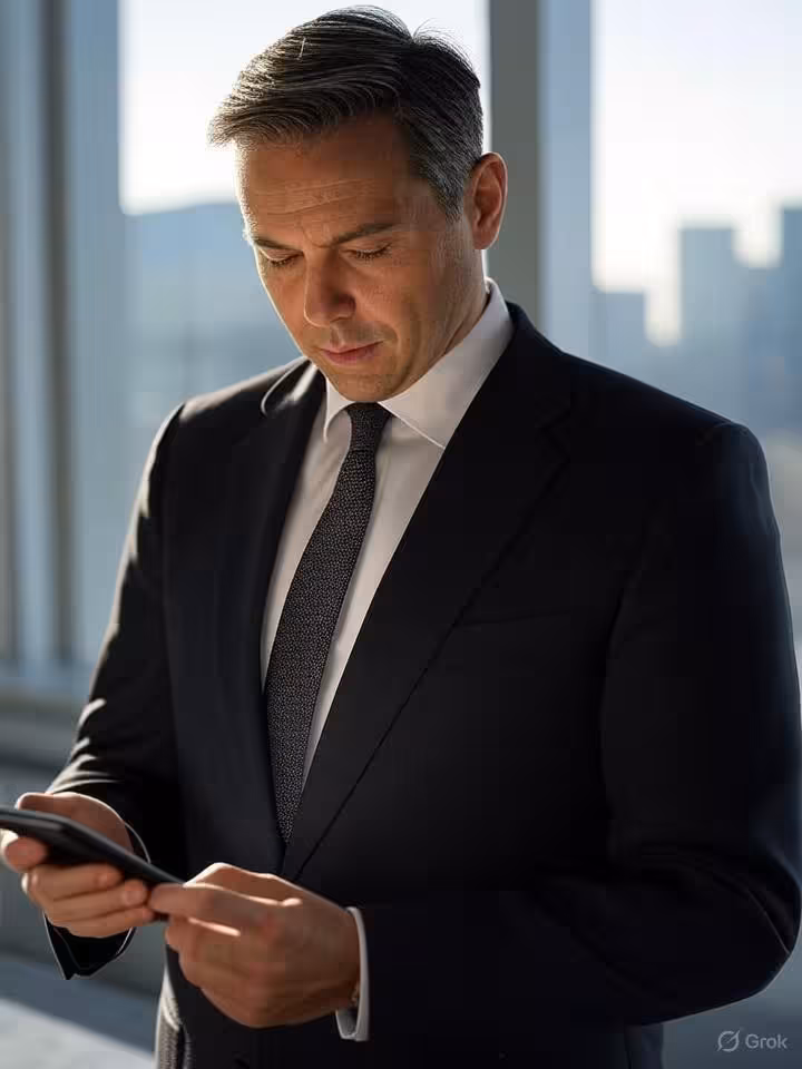 Professional Silicon Valley tech executive in modern office looking at smartphone, city skyline visi