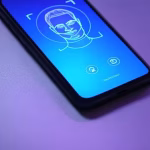 Modern smartphone screen displaying AI verification interface with facial recognition scanning overl