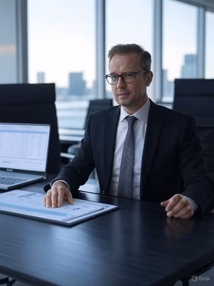 Professional business executive in modern office setting reviewing financial documents on laptop, ex