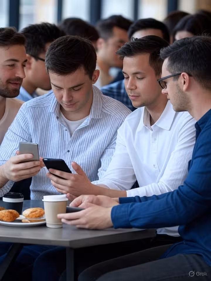 Diverse group of young professionals in their 20s looking at smartphones in modern urban coffee shop