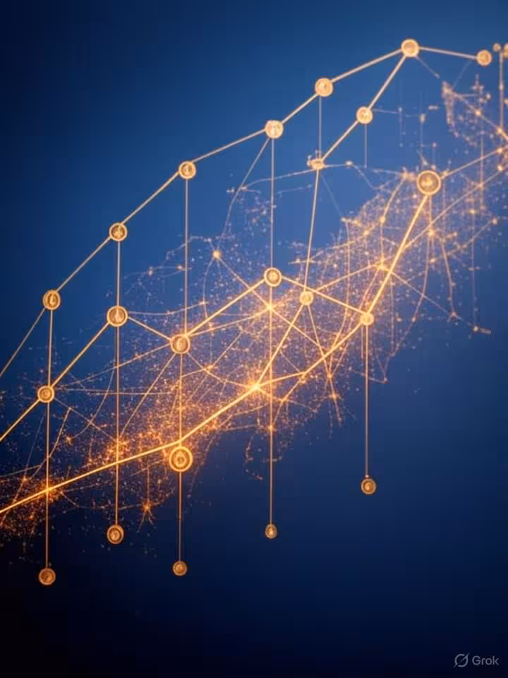 Abstract data visualization showing upward trending graph with dollar symbols and connecting network