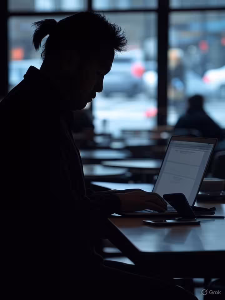 Anonymous tech executive silhouette working on laptop in upscale San Francisco coffee shop, blurred 