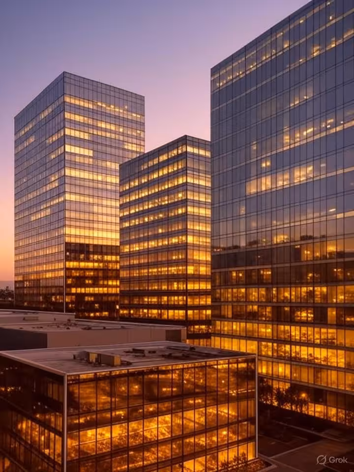 Silicon Valley skyline at dusk with modern glass office buildings and subtle overlay of dating app m