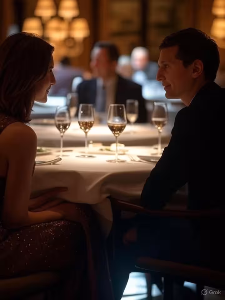 Elegant upscale restaurant interior with two people having dinner conversation, soft ambient lightin