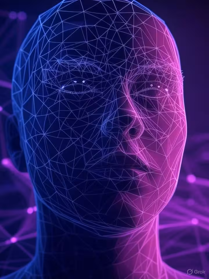 Abstract digital network visualization showing facial recognition scanning patterns, geometric wiref