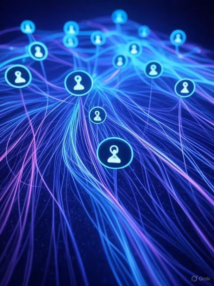 Abstract digital network visualization showing interconnected user profile nodes being analyzed by A