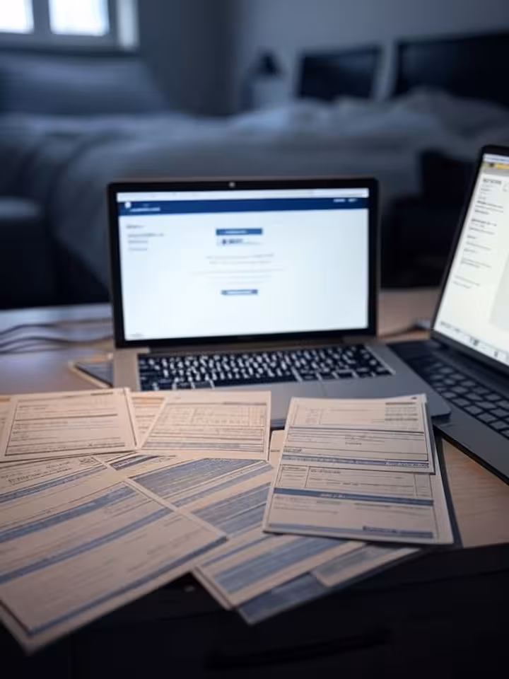 Close-up of student loan debt documents and bills stacked on desk next to laptop showing tuition pay