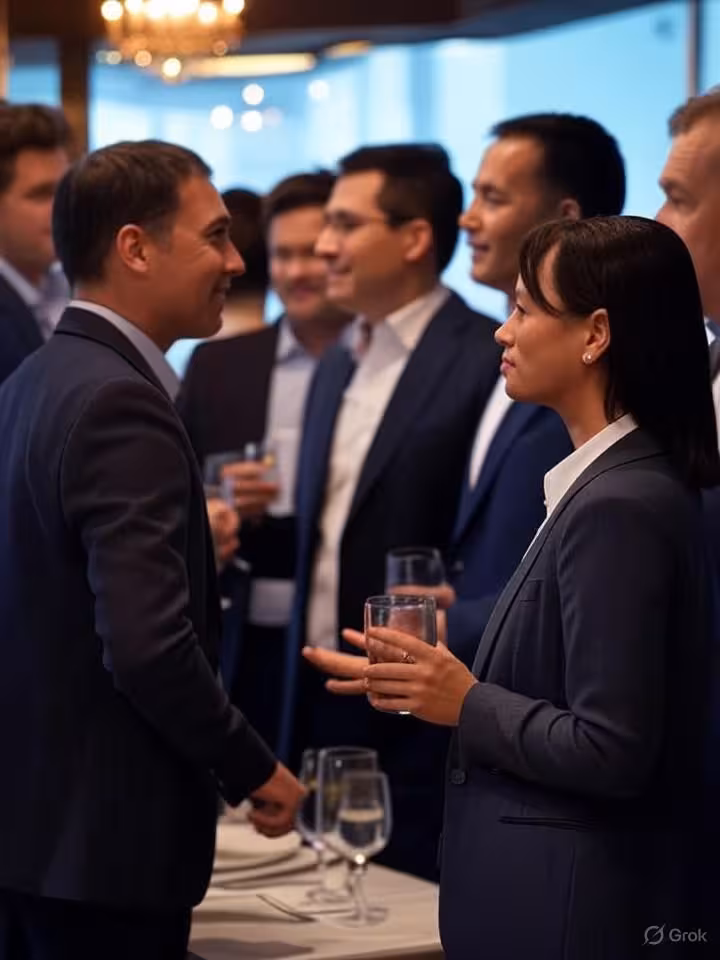 Diverse group of professionals at upscale urban restaurant having business dinner, elegant ambiance 