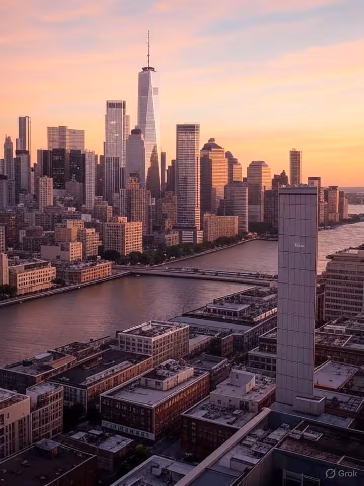 Upscale urban skyline of New York or San Francisco at dusk with luxury high-rise buildings and wealt