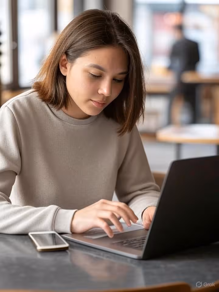 Young woman in her 20s sitting at modern coffee shop with laptop and textbooks, looking thoughtful w