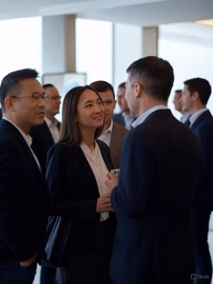 diverse group of business professionals networking at upscale tech industry event, elegant venue wit