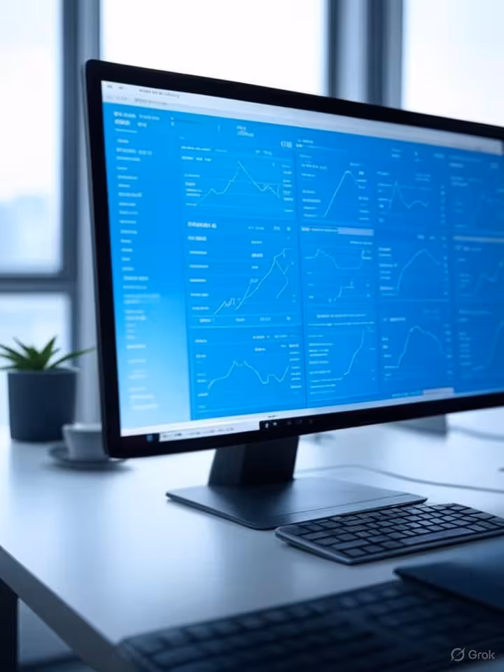 Data visualization dashboard showing upward trending graphs and statistics on computer screen, moder