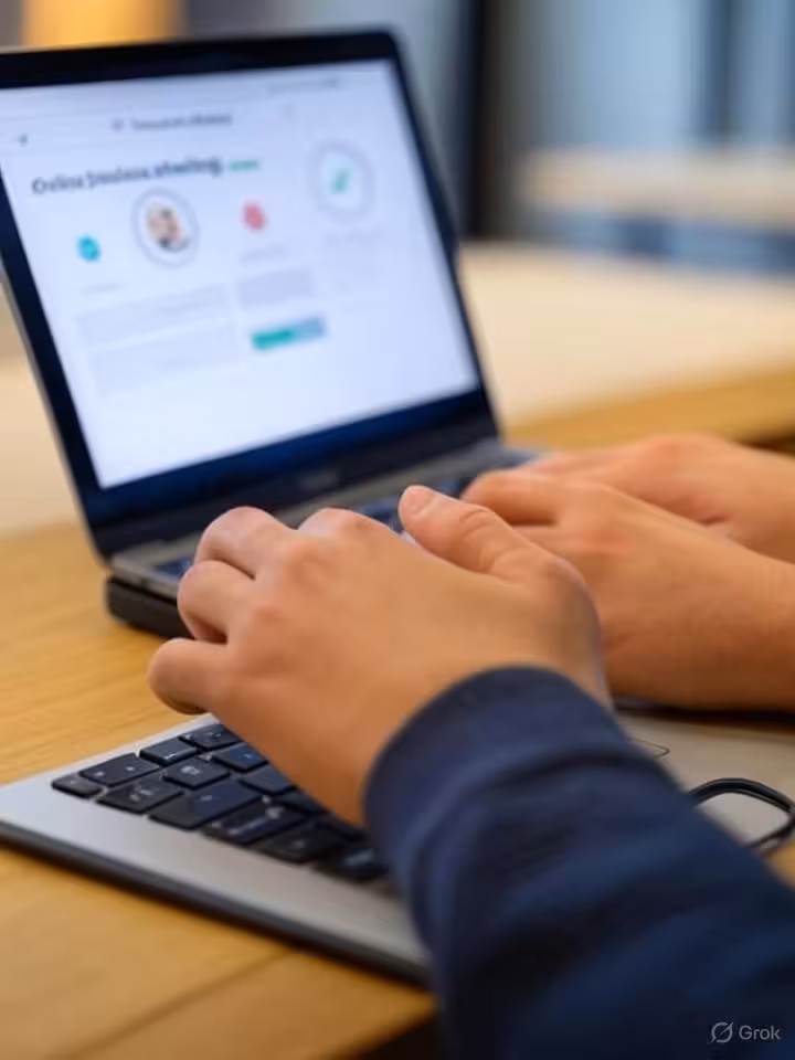 Close-up of hands typing on laptop with online dating platform dashboard visible, verification check