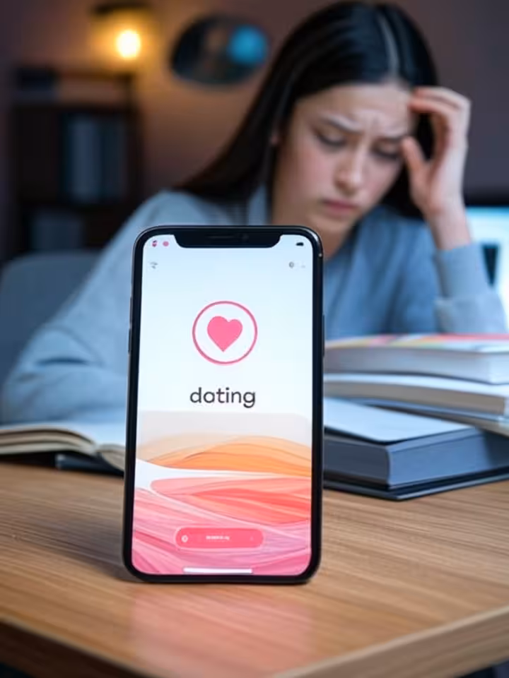 Split composition showing smartphone screen with dating app interface in foreground and stressed you