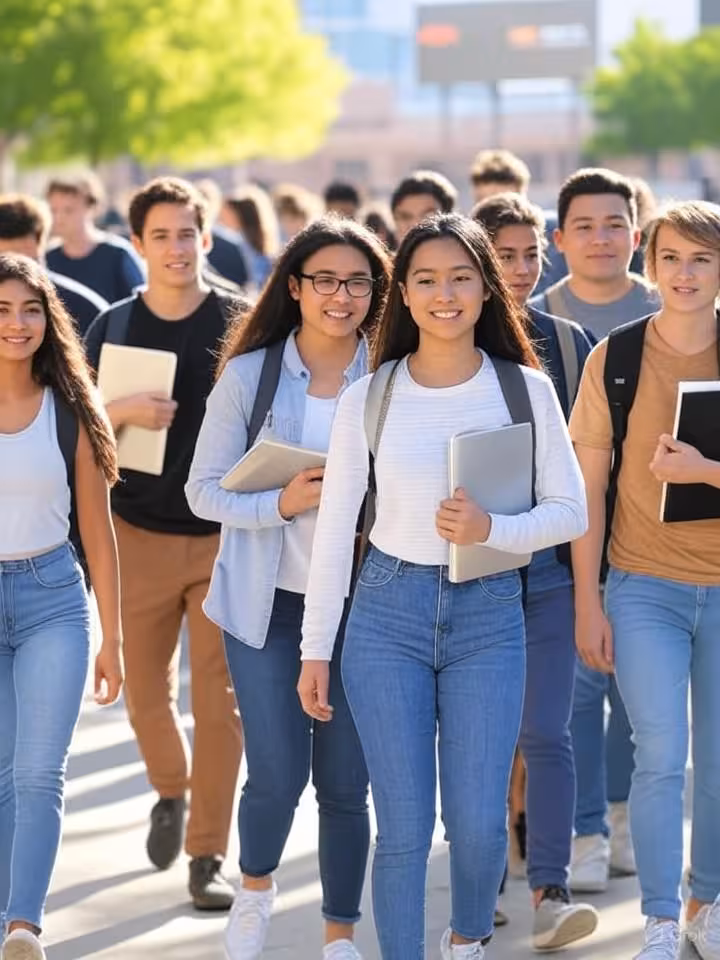 University campus scene with students walking with laptops and books, modern academic environment, b
