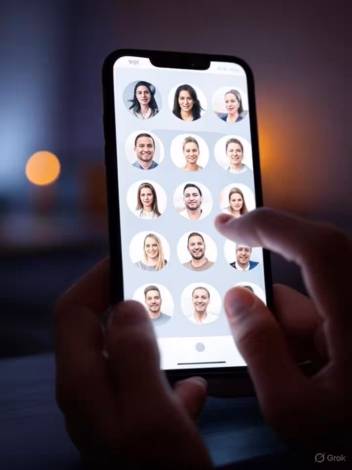 Smartphone screen showing dating app interface with profile cards, finger swiping gesture, modern mi