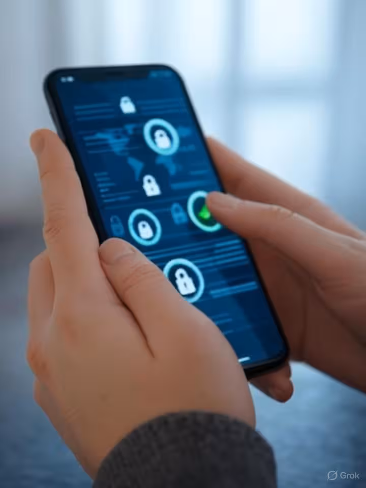 Close-up of hands holding smartphone showing secure encrypted data transmission visualization, digit