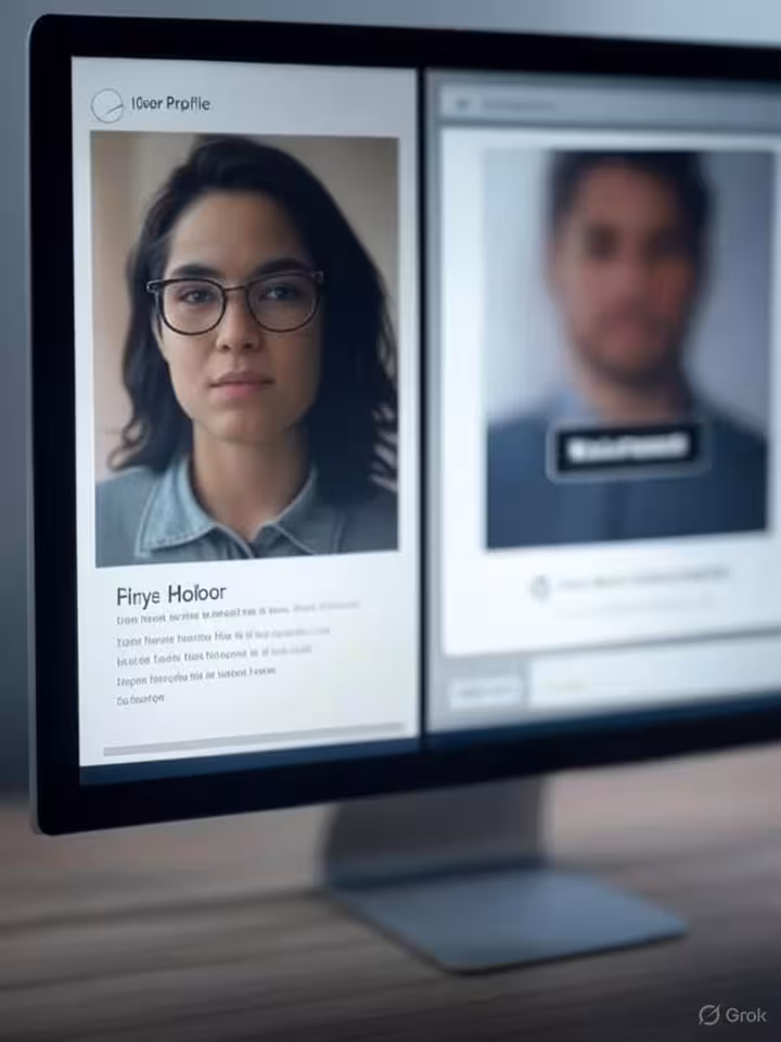 Split-screen composition showing authentic verified user profile on one side versus detected fake pr