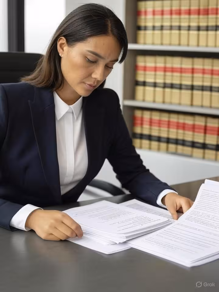 Female attorney or legal professional in modern law office reviewing contract documents, professiona