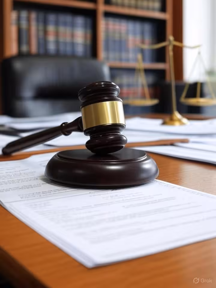 Legal and regulatory documents with gavel and scales of justice, professional law office setting, co