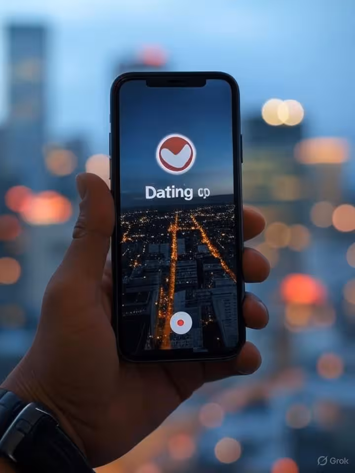 Smartphone showing dating app interface on screen, held in hand against blurred city lights backgrou