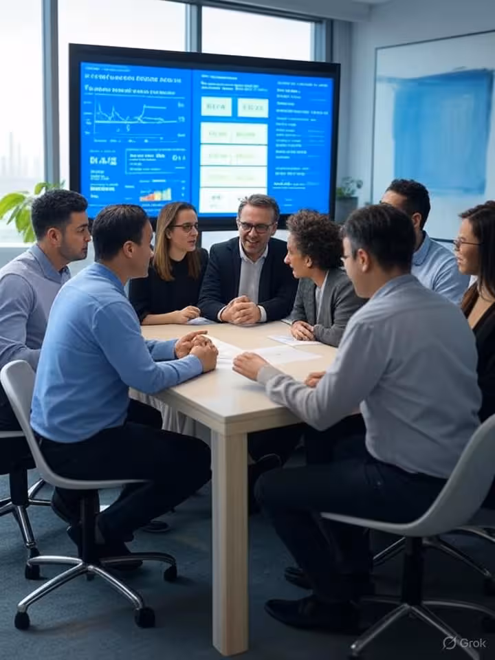 Diverse group of professionals in modern office setting reviewing data analytics on large screen sho