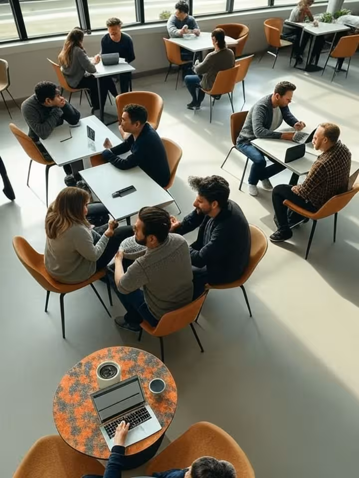 Overhead view of university campus cafe with diverse students on laptops and phones, some in convers