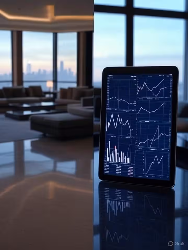 Split composition showing contrast between luxury penthouse apartment and statistical data charts on